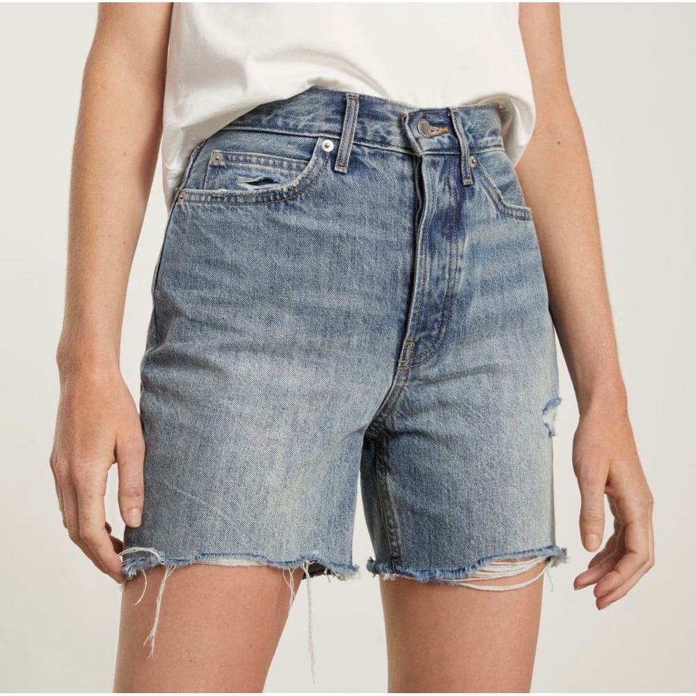 Everlane The Rigid Way-High Short 25 Blue Denim Organic Cotton Distressed Short